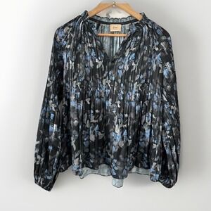 Elie Tahari | Floral Pleated Black & Blue Silky Blouse Sz M Office Careerwear